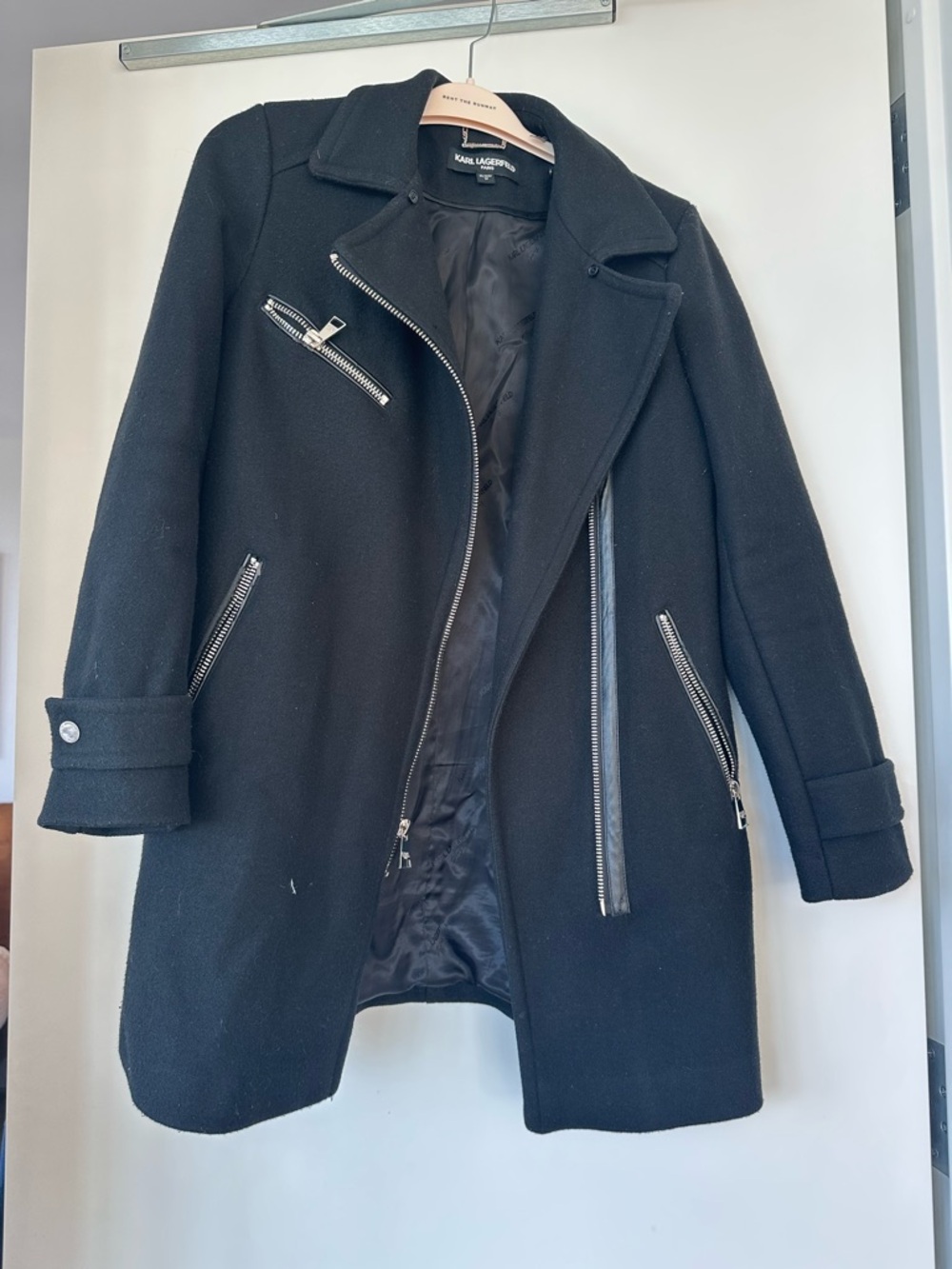 Karl Lagerfeld Women's Black Wool Blend Asymmetrical Zip Coat - XS